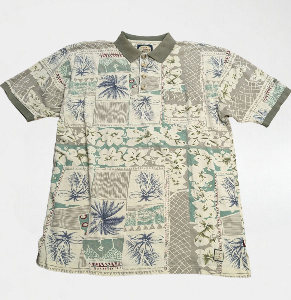 Vintage Tommy Bahama Polo Shirt Mens Large All Over AOP Hawaiian Floral Print
