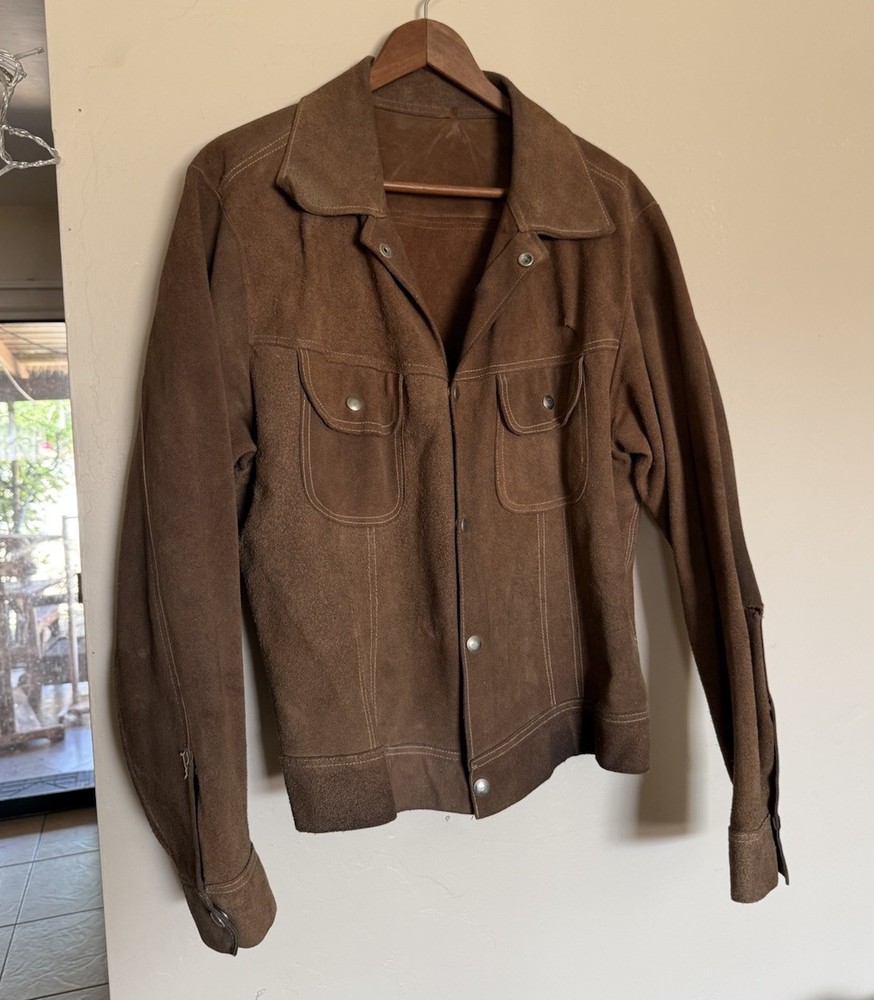 VTG Vintage 70s Suede Brown Leather Type III Trucker Jacket Snap Buttons Size M