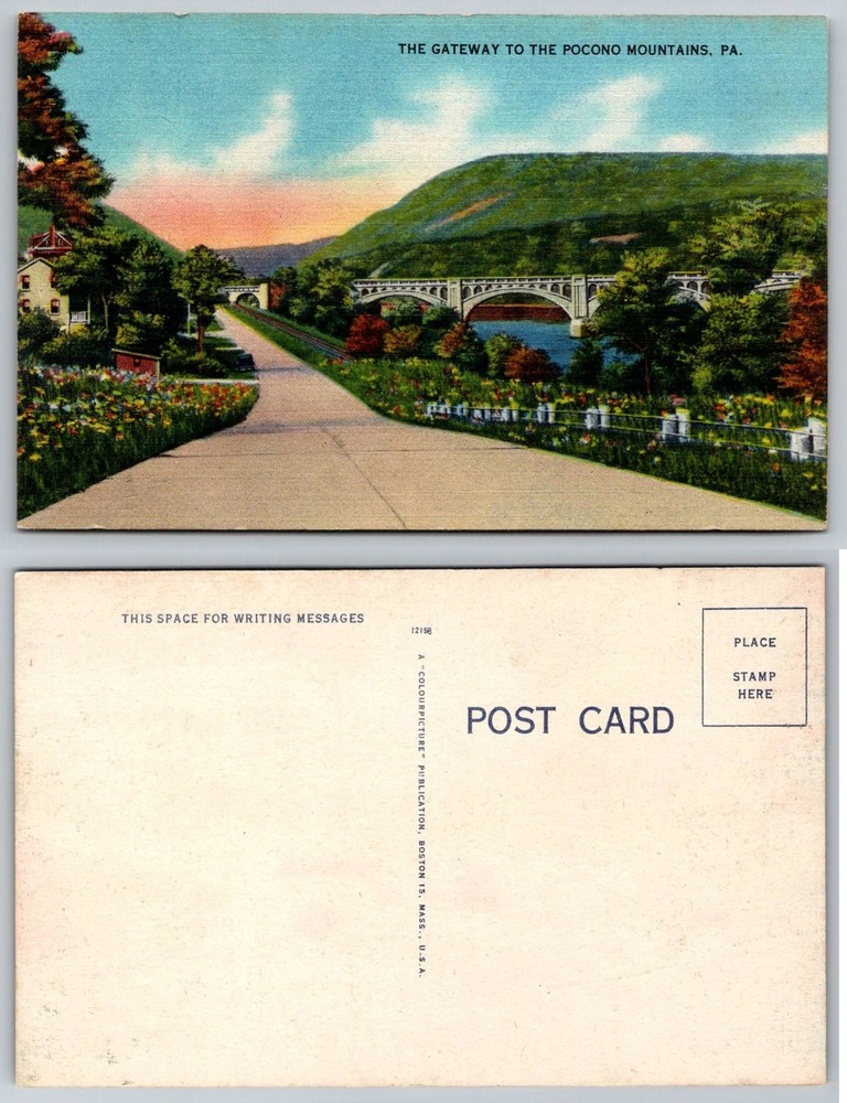 Pocono Mountains PA Vintage Linen Postcard The Gateway Bridge View