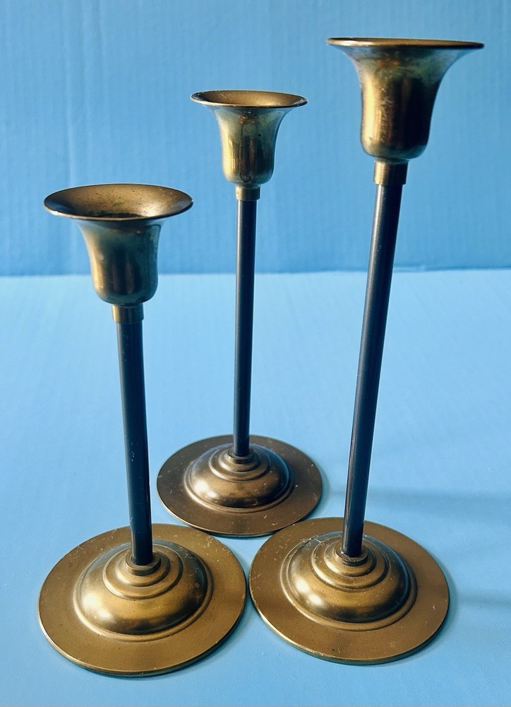Vintage Graduated Brass Taper Candlesticks Set of 3 MCM Candle Holders 7, 8 & 9”