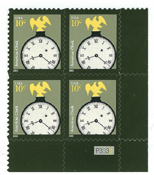 Vintage Scott #3757 10 Cent Clock Stamps in 2 Plate Blocks  