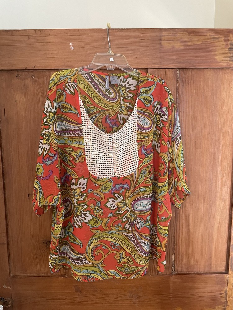 New Directions Orange Yellow Colorful Crochet Lace Top Size XL Floral Women’s