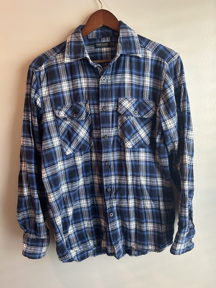 Faded Glory Long Sleeve Plaid Flannel Shirt Blue 100% Cotton Mens Size Small