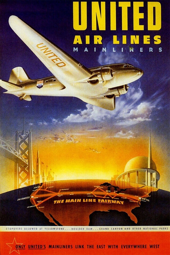 Vintage United Airlines Mainliners Wall Art Poster 24x36 Inches
