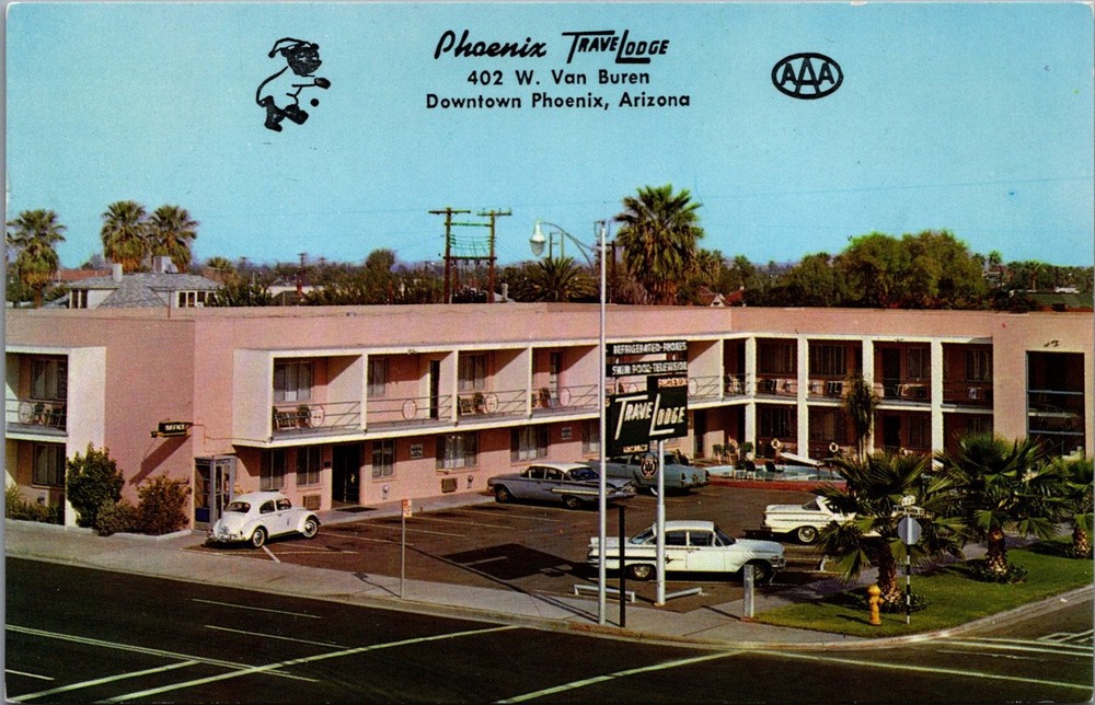 Vintage Phoenix AZ Travelodge Postcard 1960s Van Buren Mid-Century Motel Chrome