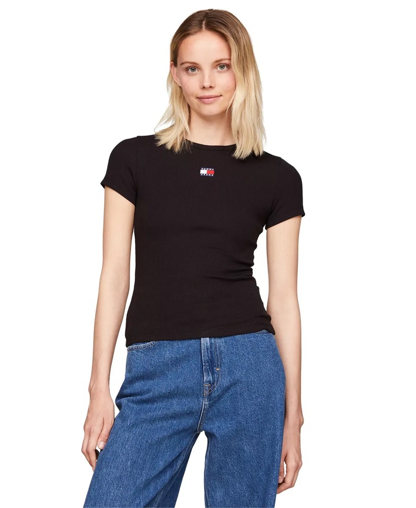 Tommy Jeans Women's Top Sz M Badge Logo Ribbed T-Shirt