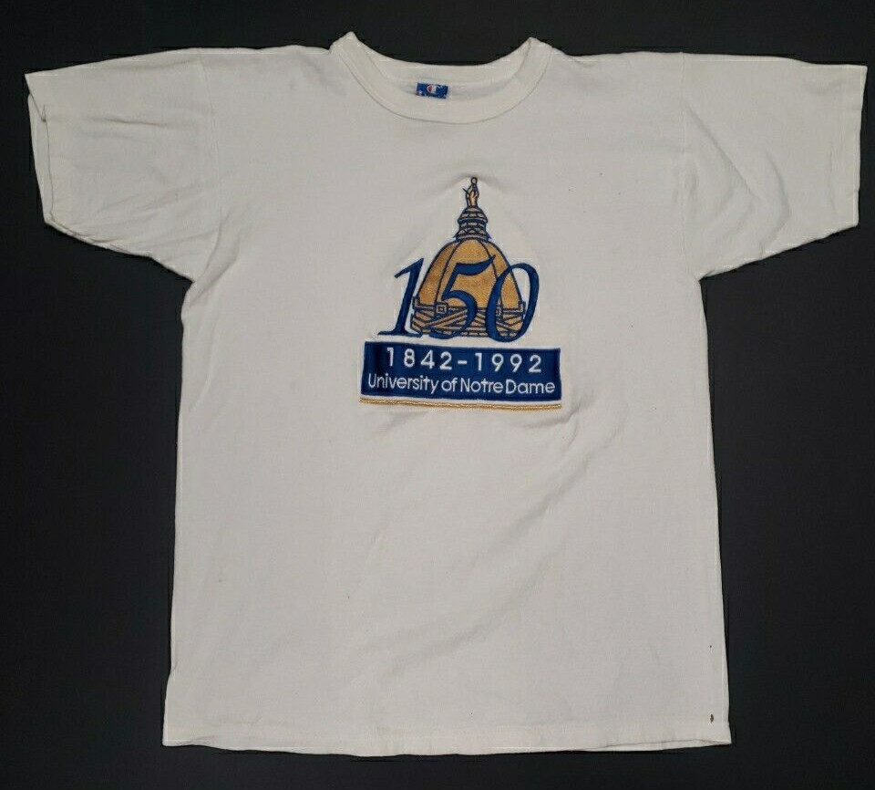 Vintage 90's Champion Notre Dame 150 Years Embroidered T-Shirt Men's Large White