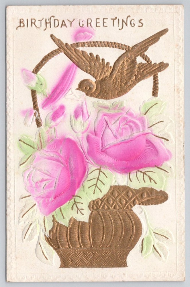 1911 Birthday Greetings Postcard Embossed Roses Bird Washingtonville PA