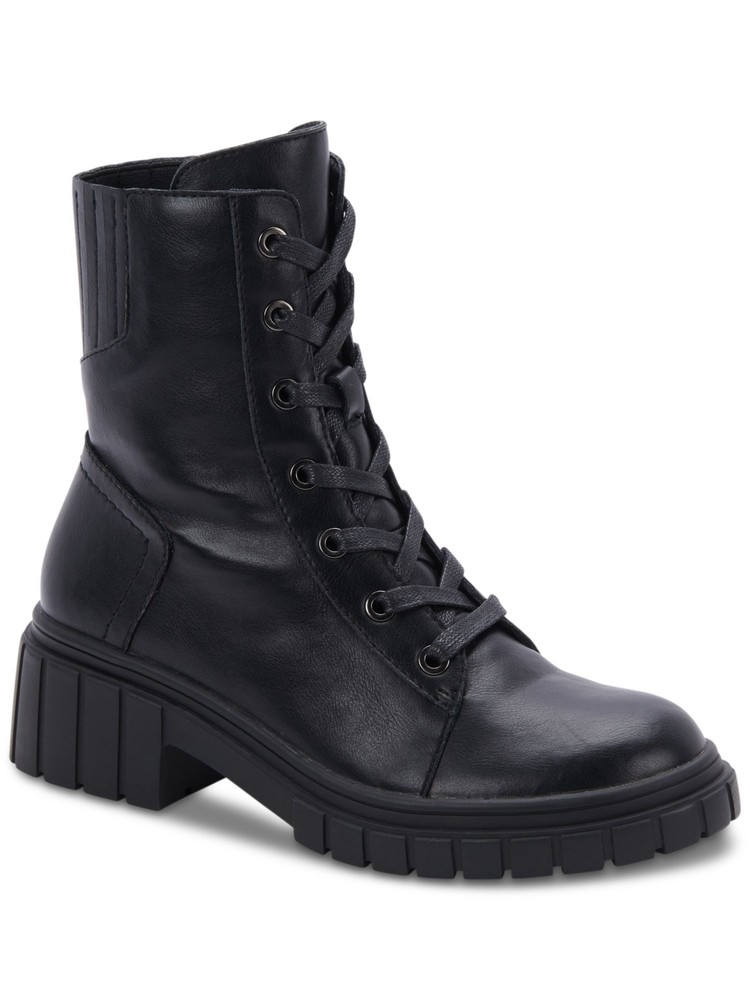 AQUA COLLEGE Womens Black Up Perel Toe Block Heel Leather Combat Boots 6.5 M