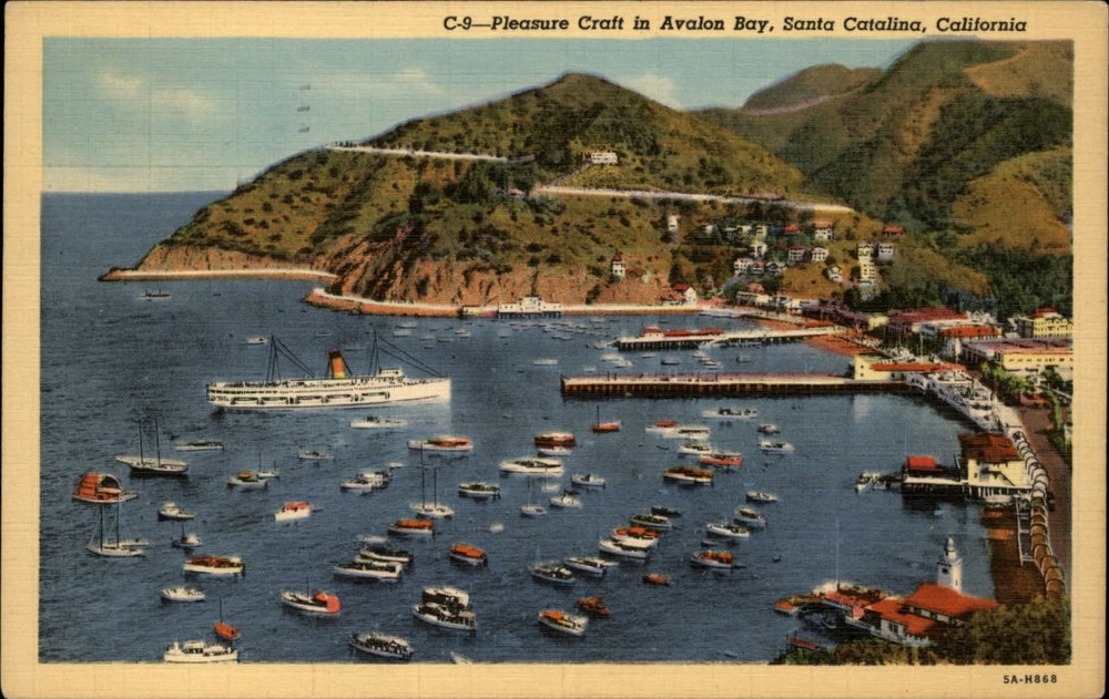 Santa Catalina California Avalon Bay pleasure craft aerial 1950 linen postcard