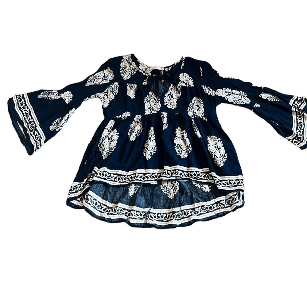Altar'd State Blue Tan Boho Print Bell Sleeve High Low Front Tie Top XS Flowy
