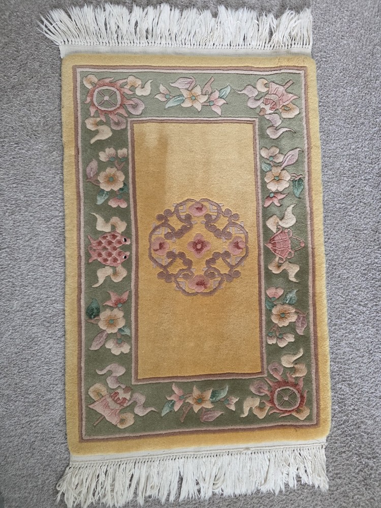 Vtg Gold Peking Medallion Chinese Rug Wool Hand-knotted Oriental Carpet 2x3