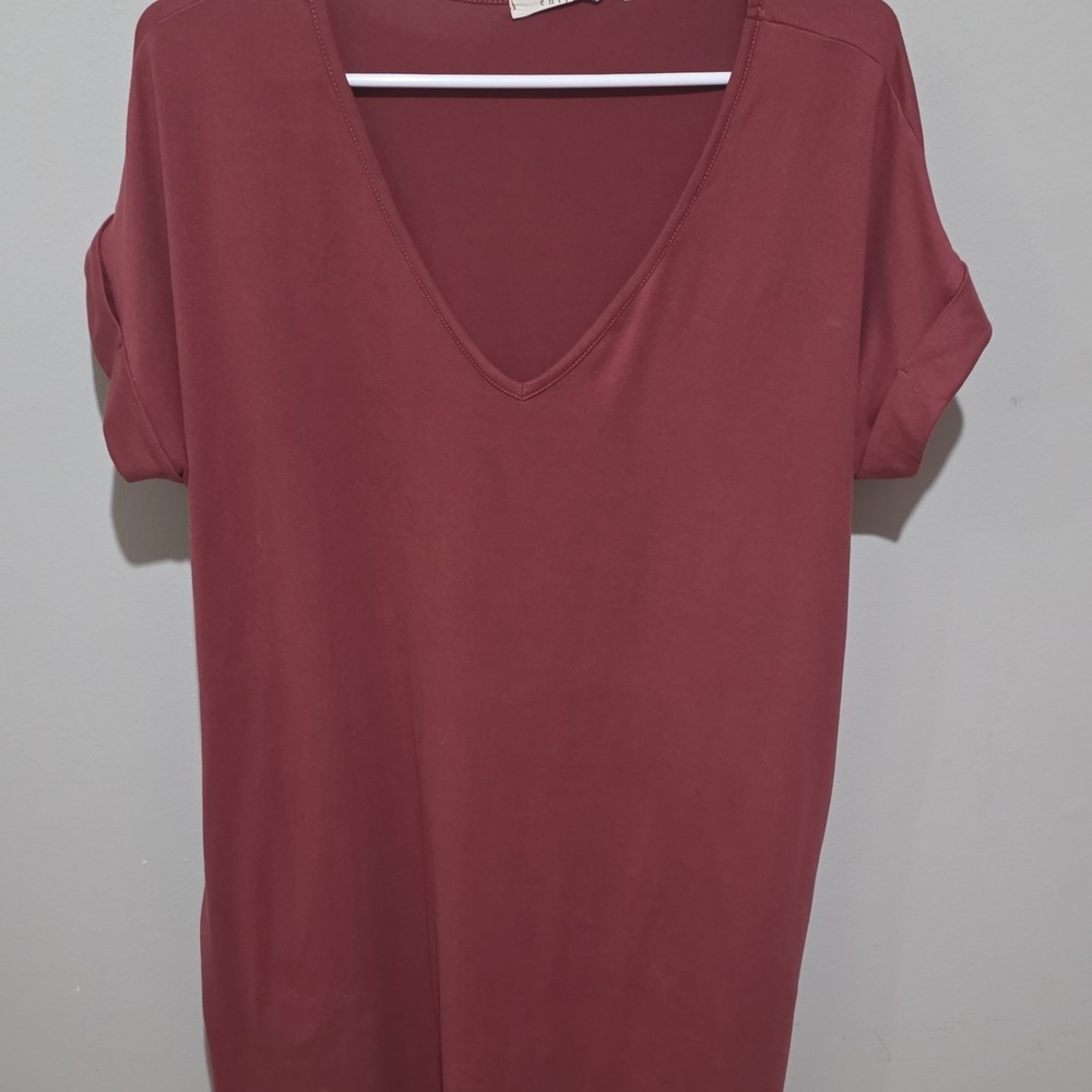 Burgundy V-Neck Relaxed Short Sleeve T-Shirt for Women