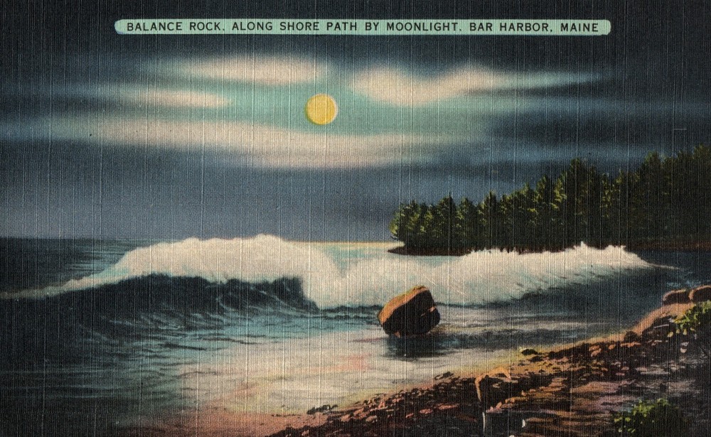 Bar Harbor ME - Balance Rock in the Moonlight Bar Harbor Maine Postcard