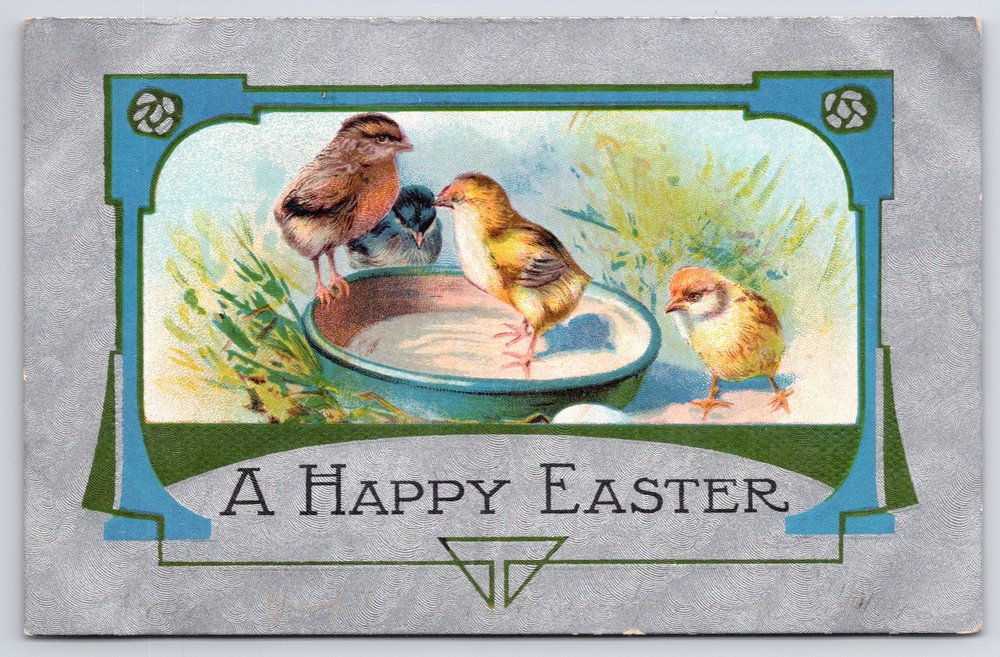 Easter~Chicks Look For Food In Empty Bowl~Art Deco Blue Frame~Silver Back~Vtg PC