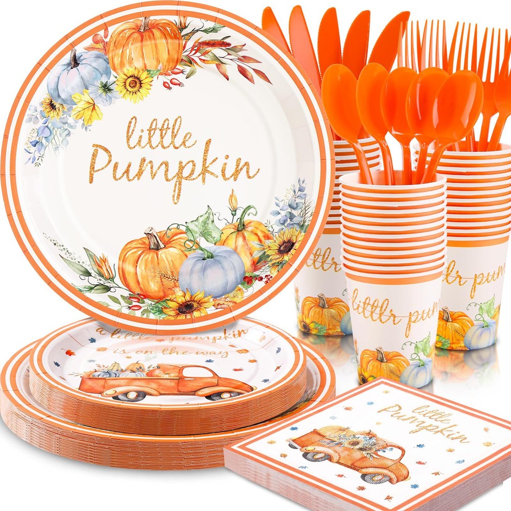 168 Pcs Little Pumpkin Baby Shower Decorations, Pumpkin Baby Shower Plates an...