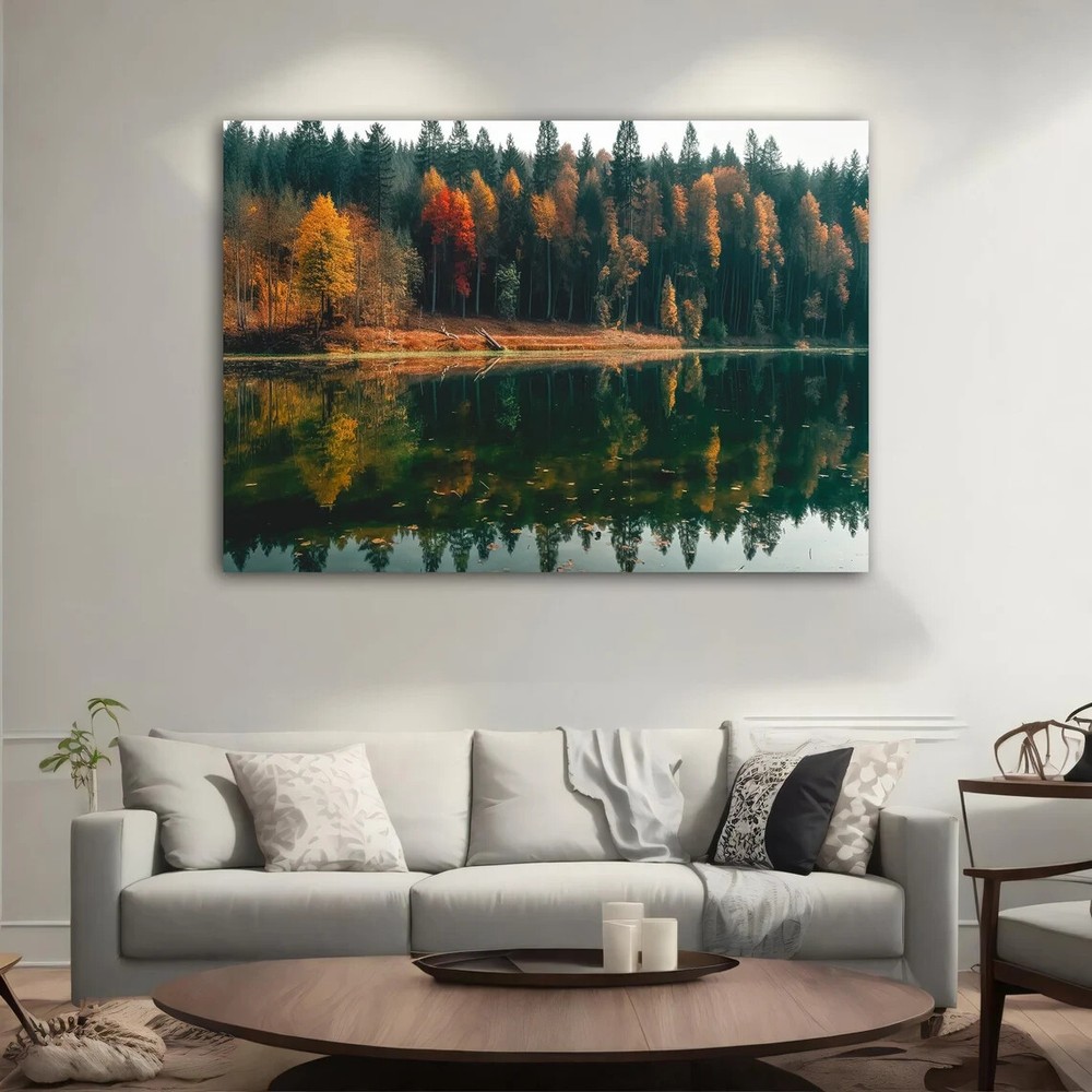 Lake View Of Nature Autumn Tree Forest Wall Art Canvas Unframed Print Art