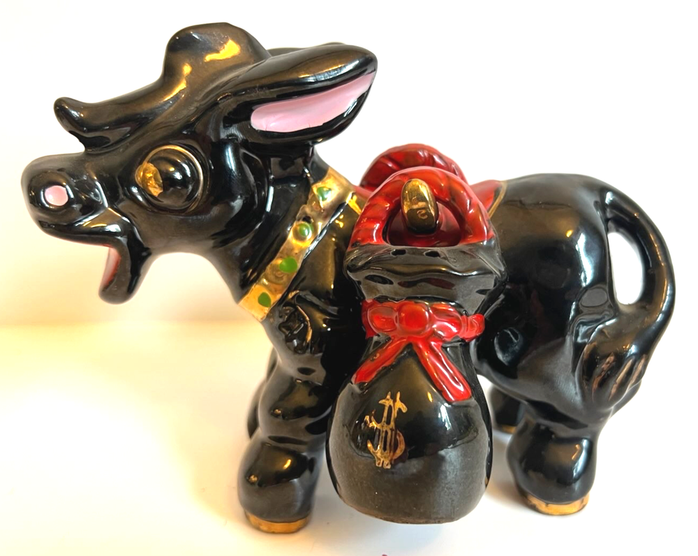 Vtg Japan Ceramic Black Donkey/Mule Money Bags Salt & Pepper Shakers 5