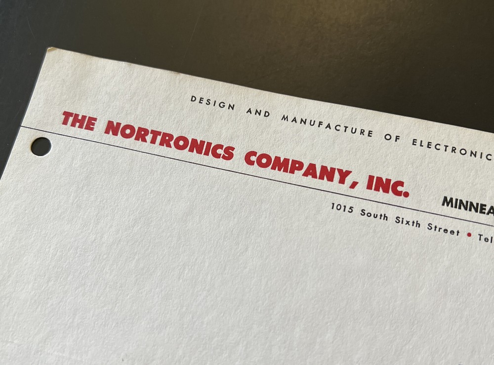 1958 Nortronics Minneapolis Letterhead Stationery Signed by Joseph F Dundovic