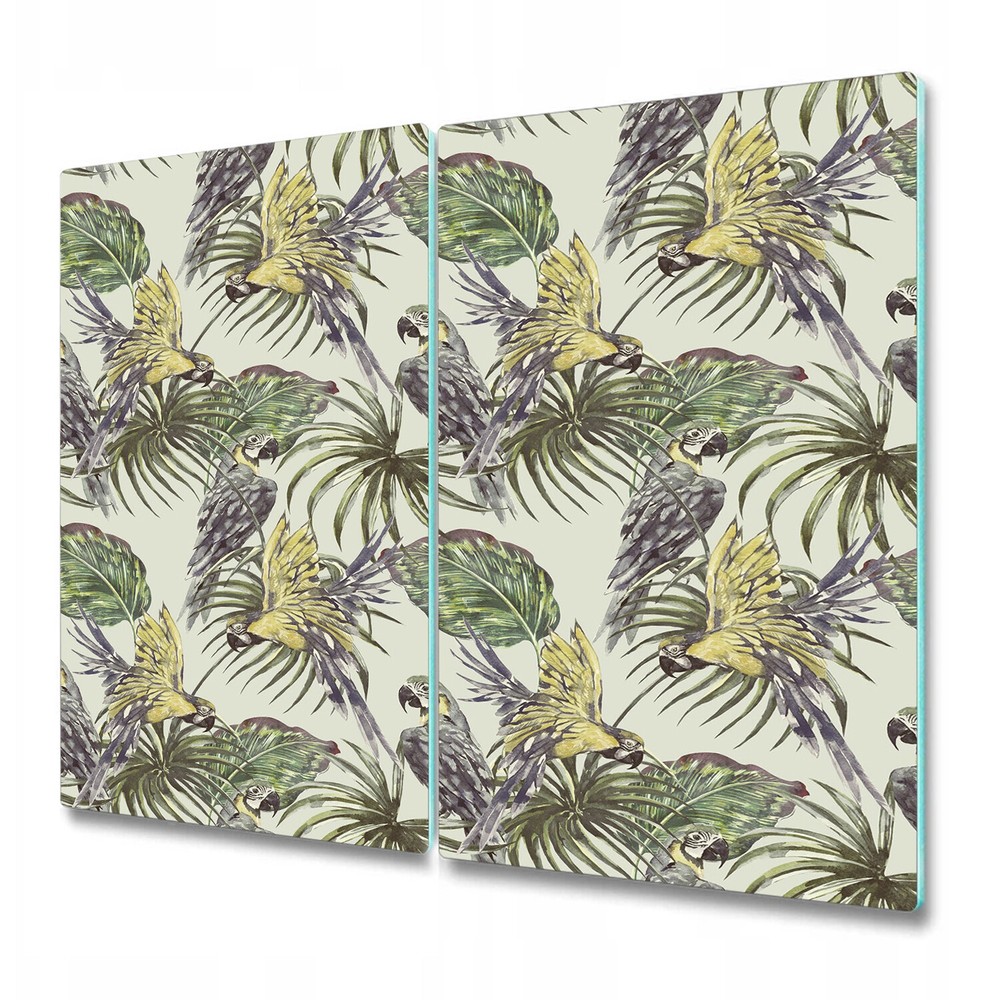 Glass Worktop Saver with Parrots, Wildlife, Banana, Beach, and Exotic Bird Design in Hawaiian Theme, Size 2x30x52