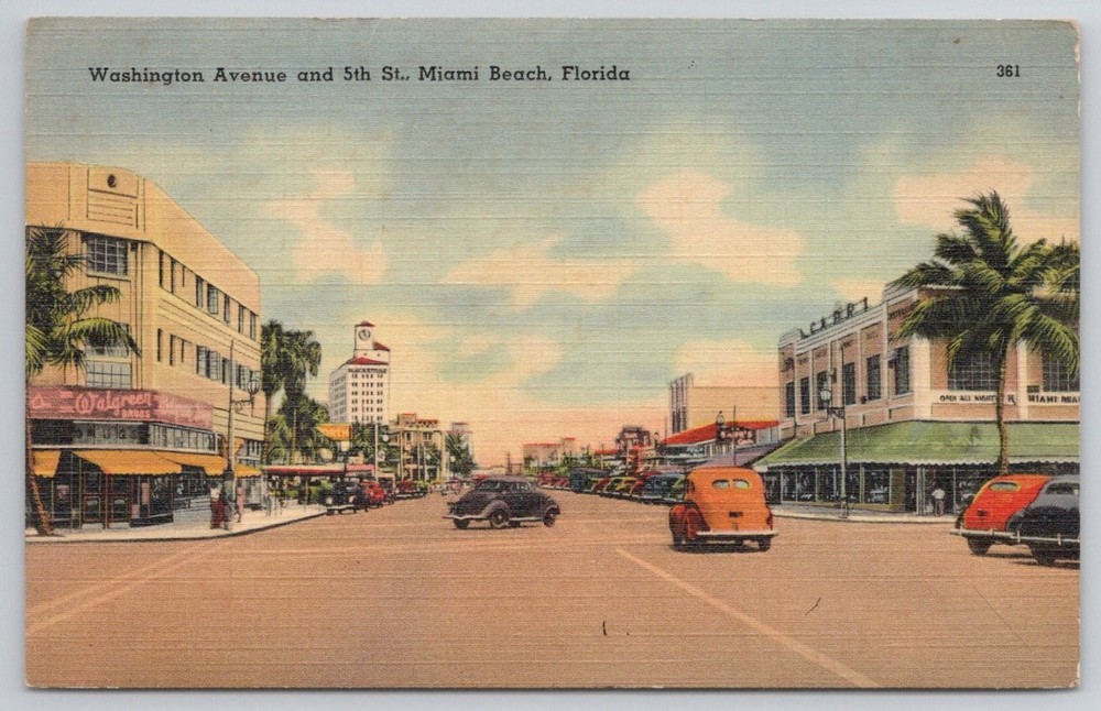 Vintage 1942 Miami Beach FL Washington Avenue 5th Street Linen Postcard