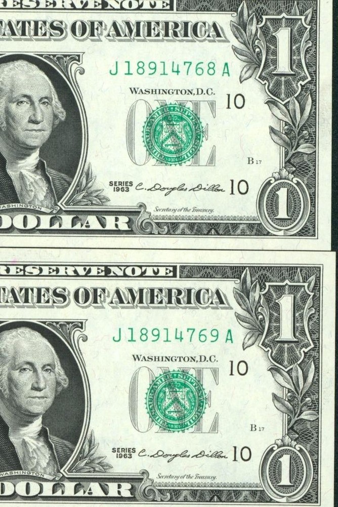 (( TWO CONSECUTIVE )) $1 1963 ((CHOICE CU)) Federal Reserve Note ** CURRENCY
