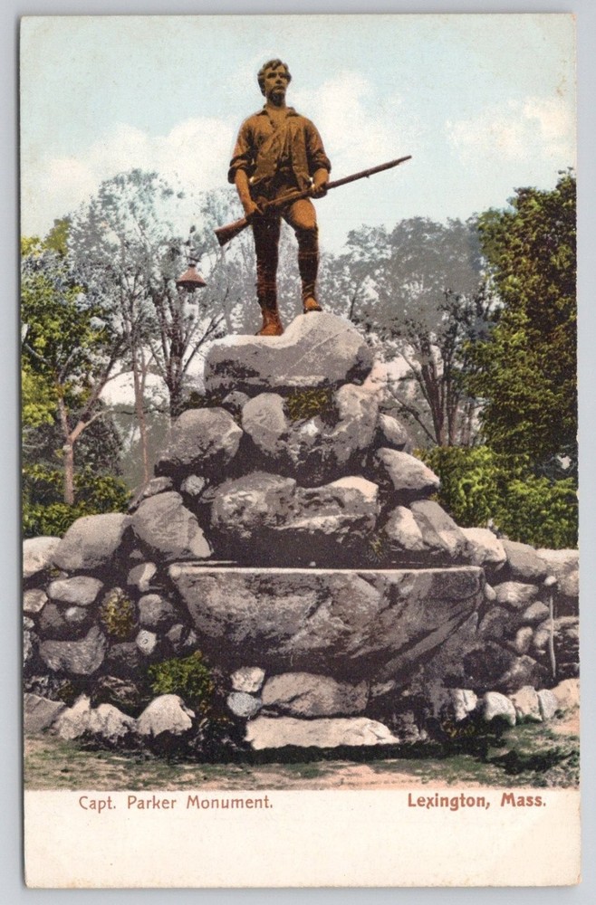 Capt. Parker Monument Lexington MA Postcard Polychrome Minuteman Statue