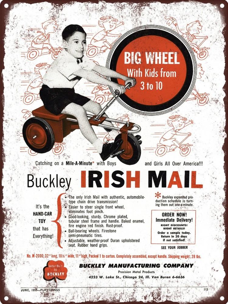 1955 Buckley Irish Mail Pedal Car Bicycle Bike Toy Metal Sign 9x12