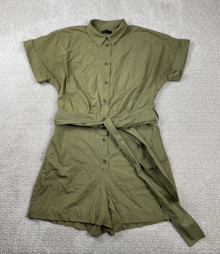 J Crew Romper Womens Size 4 Olive Green One Piece Button Up Short Sleeve Belted