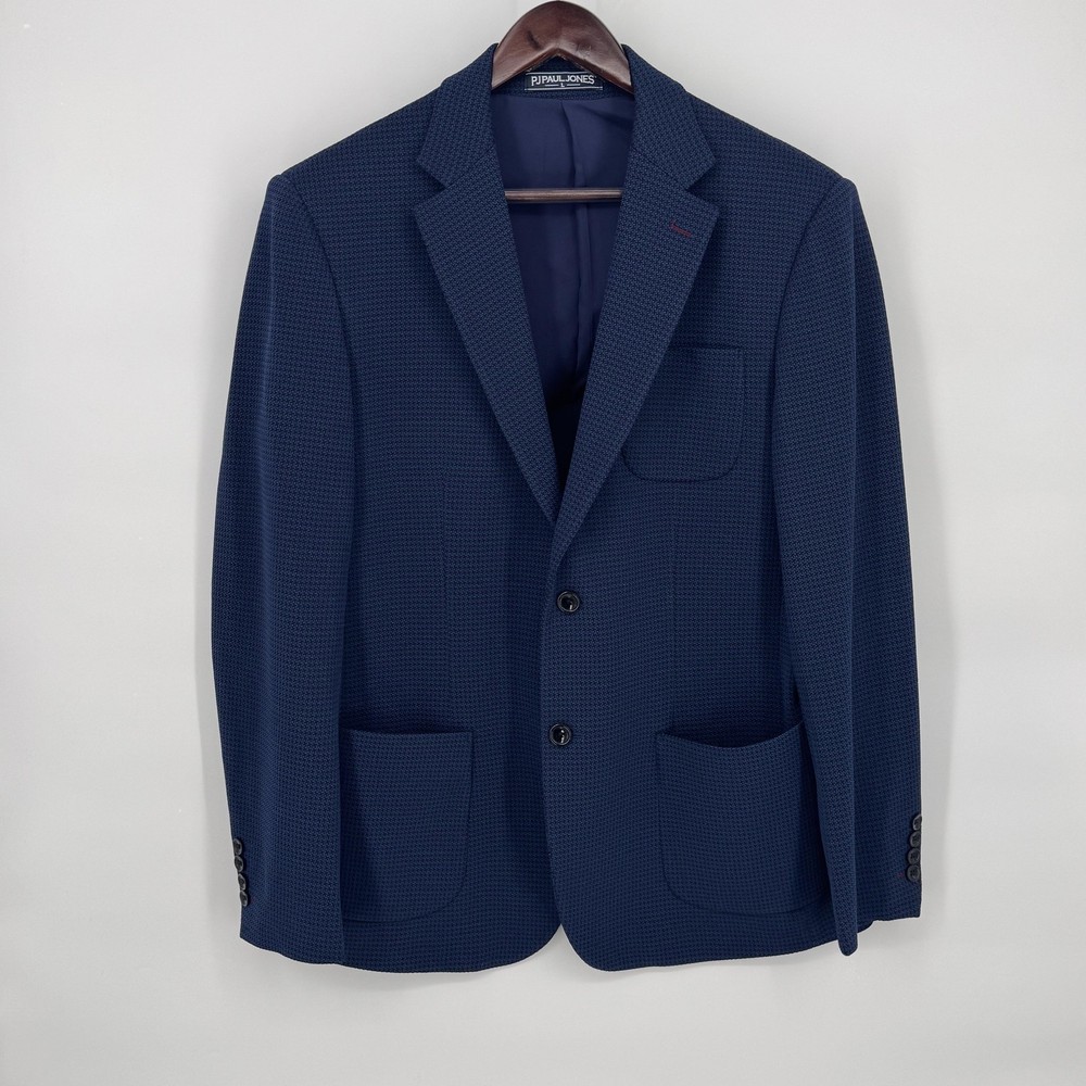 PJ Paul Jones Sport Coat Blazer Mens Large Blue Check Knit 2 Button Casual