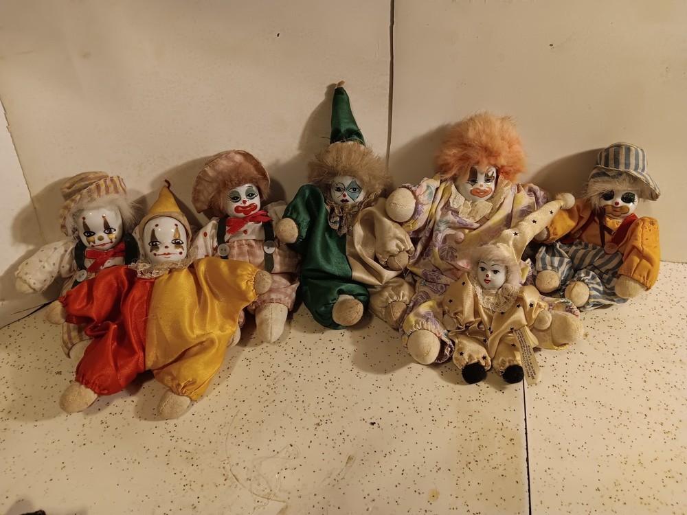 Vintage Hand-Painted Porcelain Clown Dolls Lot of 7 Shelf Sitters Sand Filled