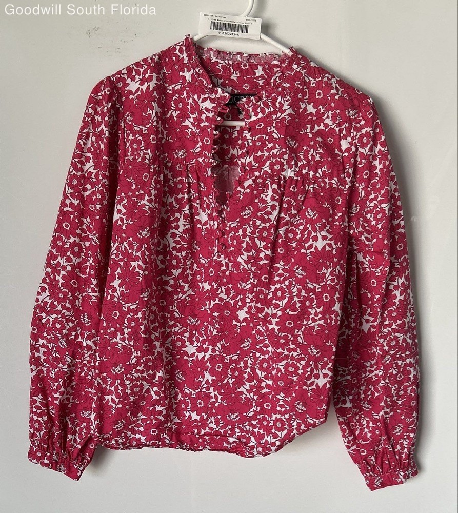 J. Crew Womens Pink White Floral Cotton Balloon Sleeve Popover Blouse Top Size S