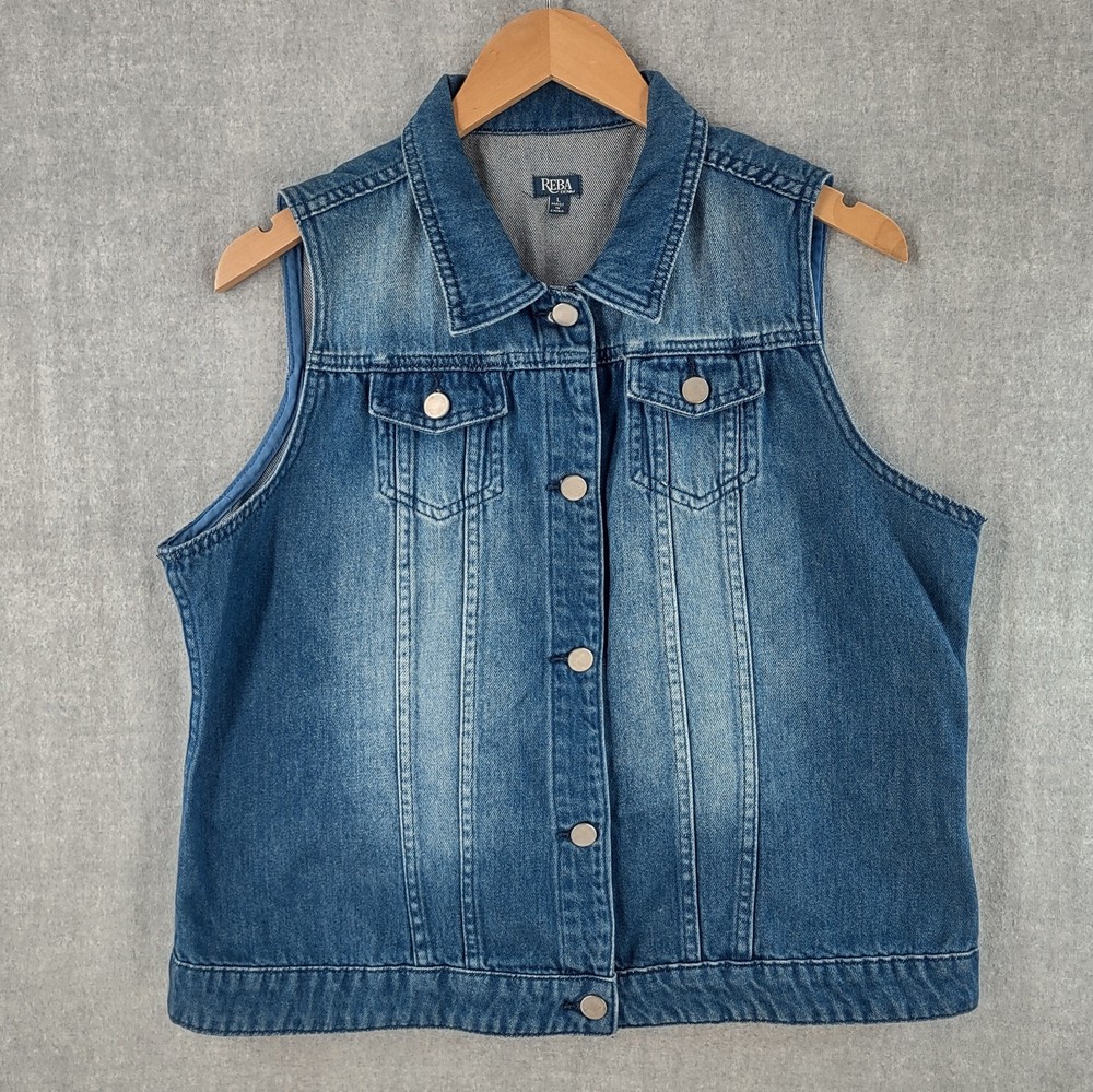 Reba Jacket Womens Large Blue Western Bohemian Denim Vest Sleeveless Button Up