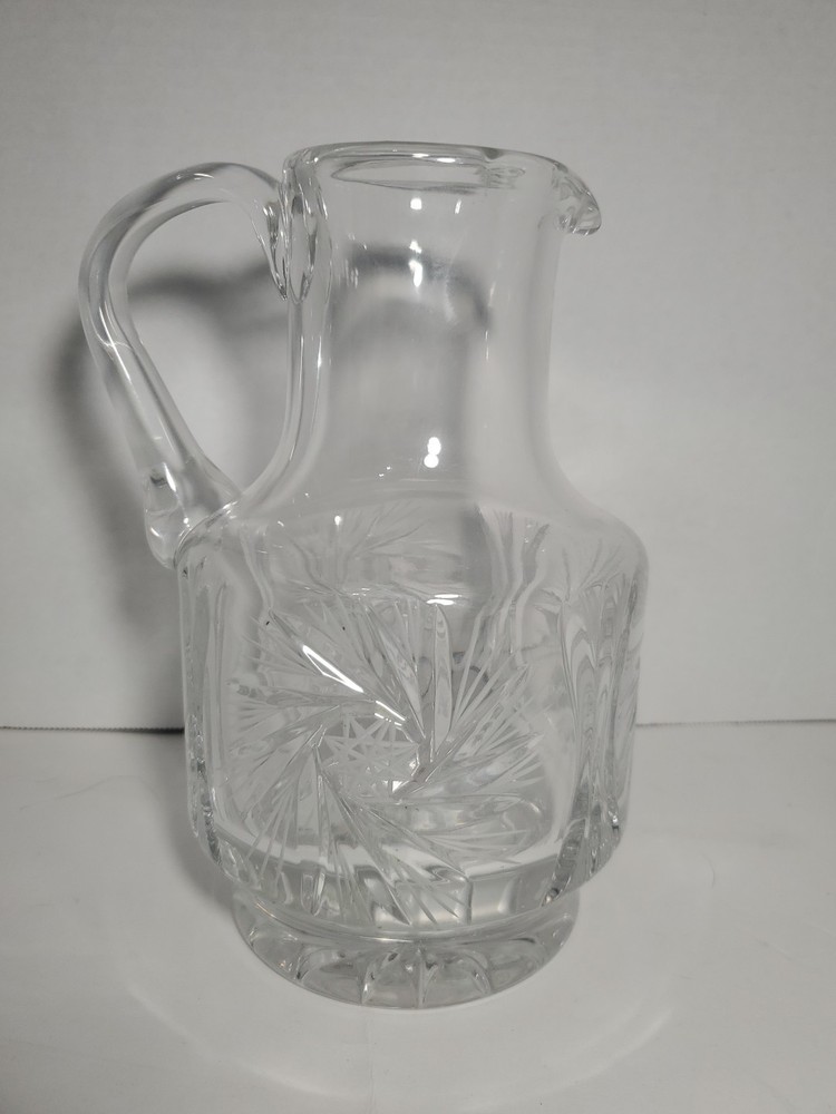 Vintage Heavy Clear Glass Crystal Water Pitcher with Star Pinwheel Hobstar Design 8.5 Inches Tall