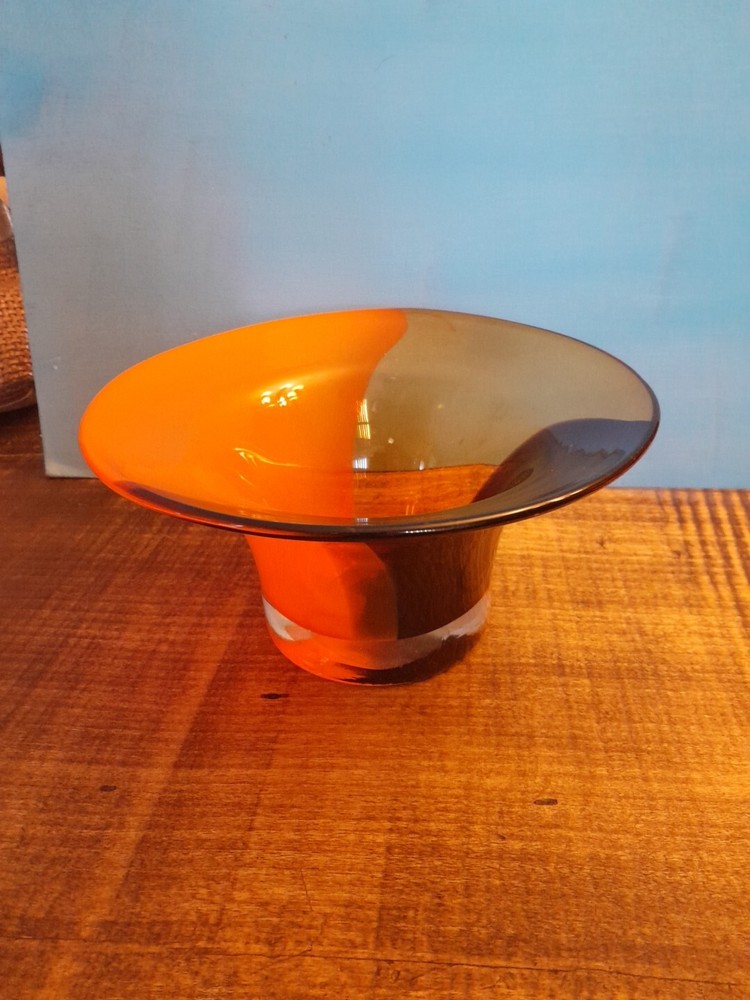 Vintags MCM Large Heavy Hand Blown Amber / Orange Studio Art Glass Vase / Bowl