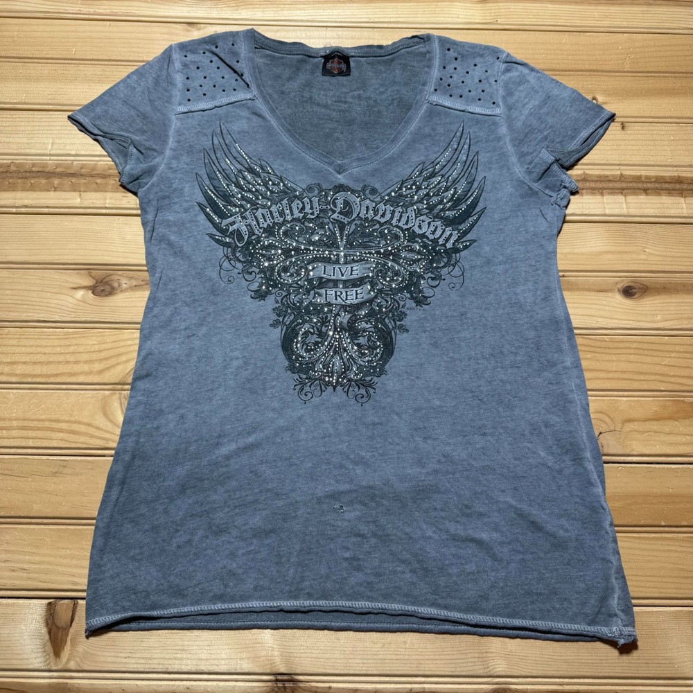 Harley-Davidson Republic Stafford Texas Wings Rhinestone Biker T-Shirt - Medium