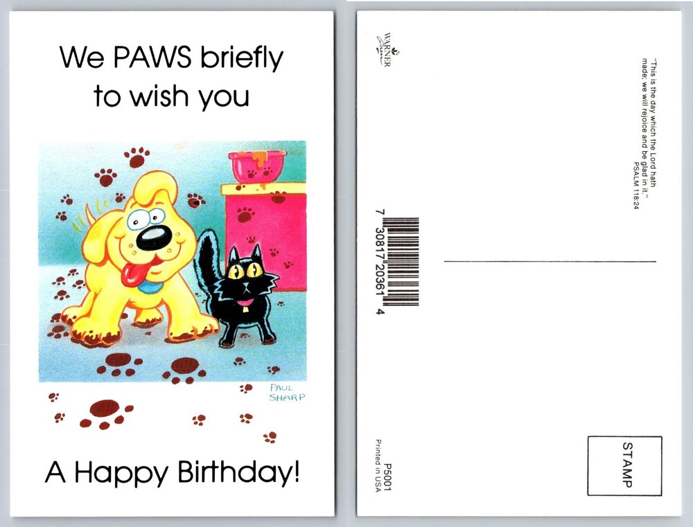 Warner Press Paul Sharp Cartoon Dog Cat Birthday Postcard P5001