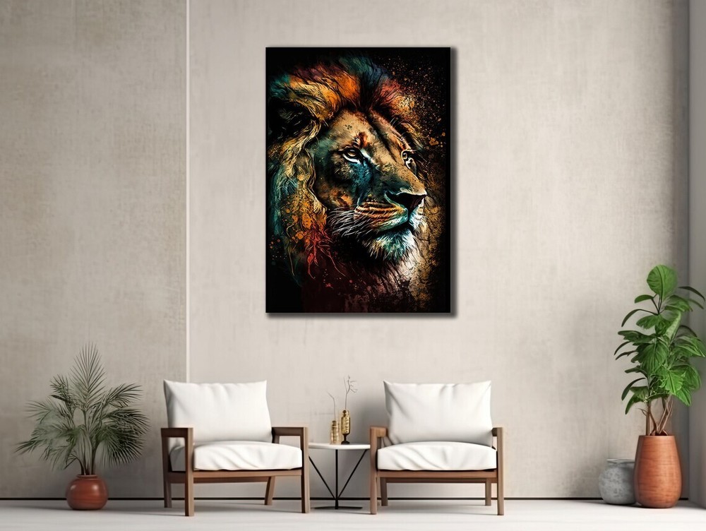 Colorful Lion Face Abstract on Black Unframed Canvas Print Australian Wall Art