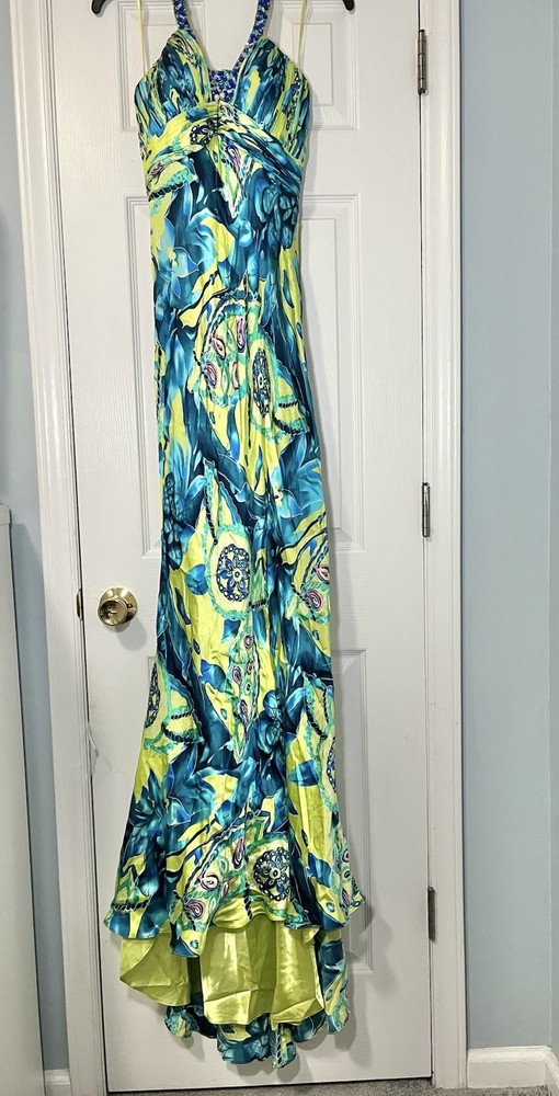 Y2K Fairy Mermaid Dress Womens 6 Blue Halter Beaded Whimsical Prom Colorful Silk