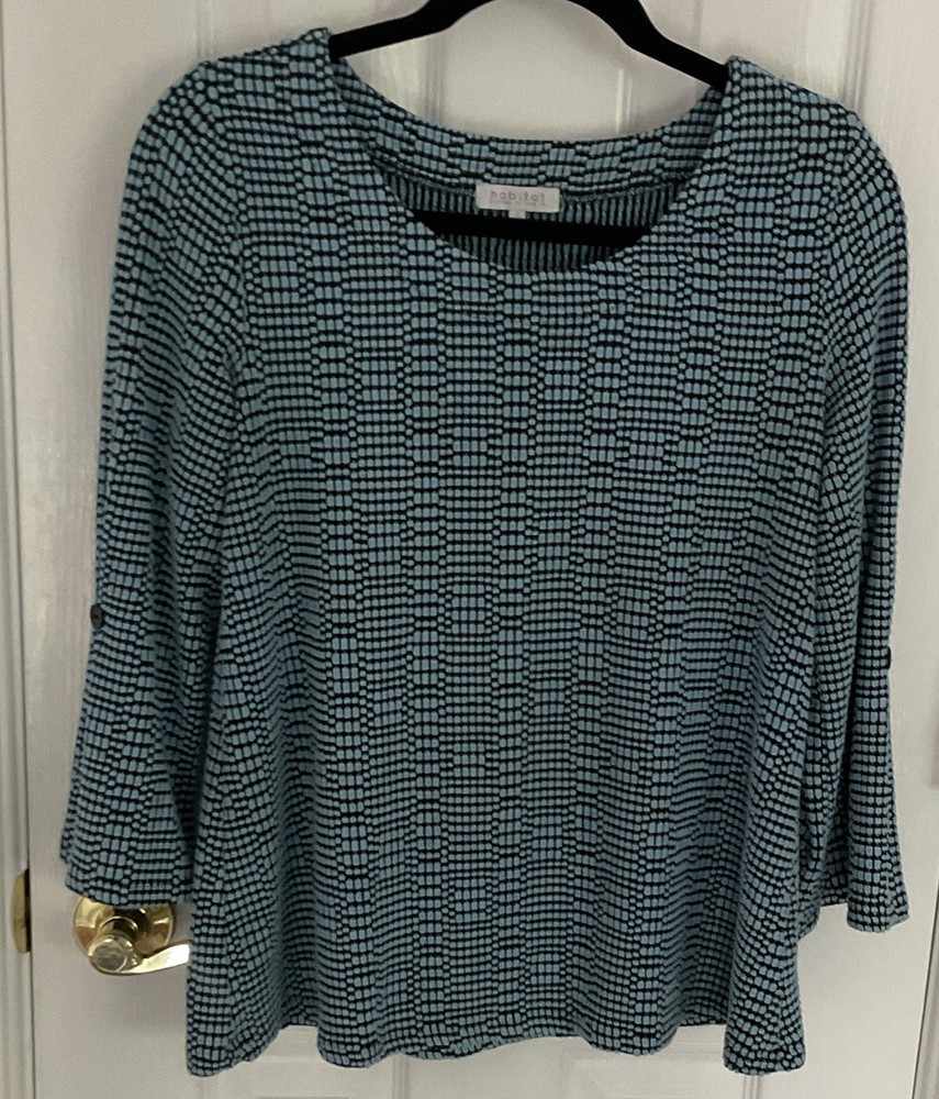 Habitat Womens Blue Black Geometric Dot Print Bell Sleeve V Neck Top Artsy Small