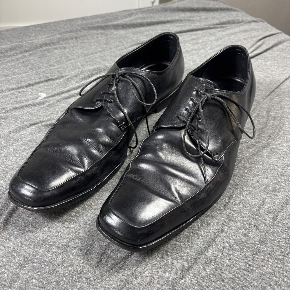 PRADA Oxford Dress Shoes Men's 9 Black Leather Square Apron Toe Derby Lace Up
