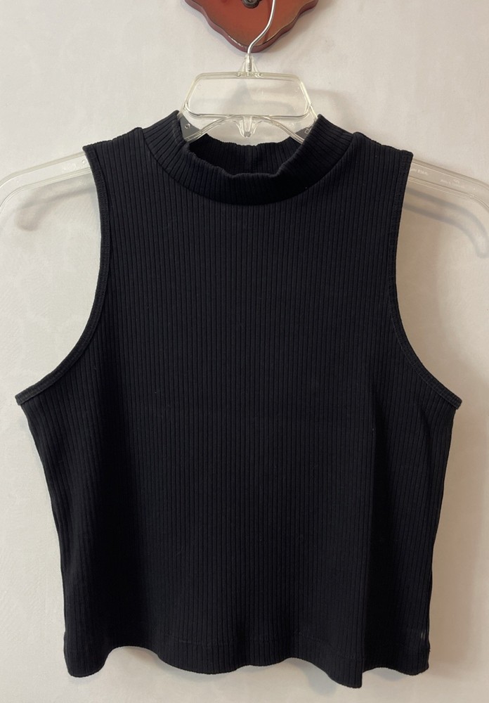 Old Navy Womens Large Black Ribbed Mockneck Sleeveless Cropped Blouse! A1670