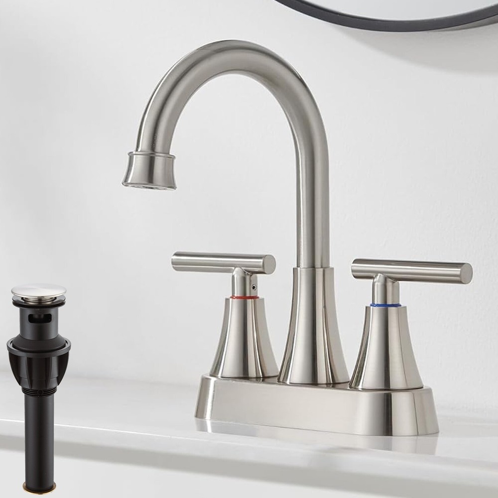 Brushed Nickel 4 Inch Bathroom Sink Faucet 3 Hole 2 Handle Mixer Tap with Drain