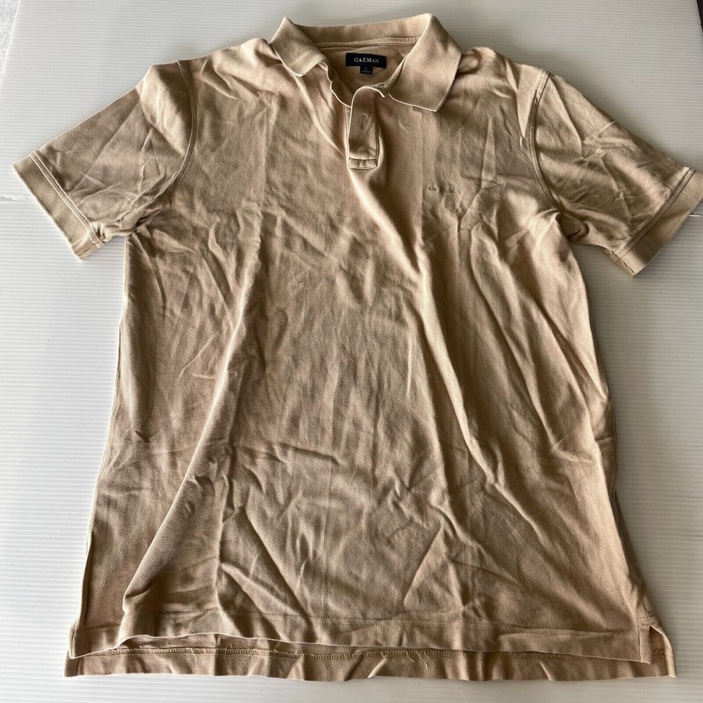 GAZMAN Mens Beige Logo Collared Polo Shirt Size L Casual Fashion Fit