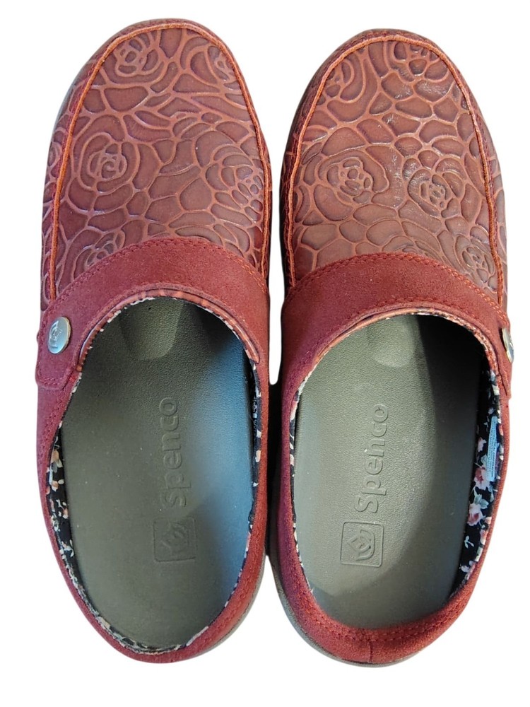 Spenco 8W Women's Slip on Mule Shoes, Embossed Flower Leather Maroon Red