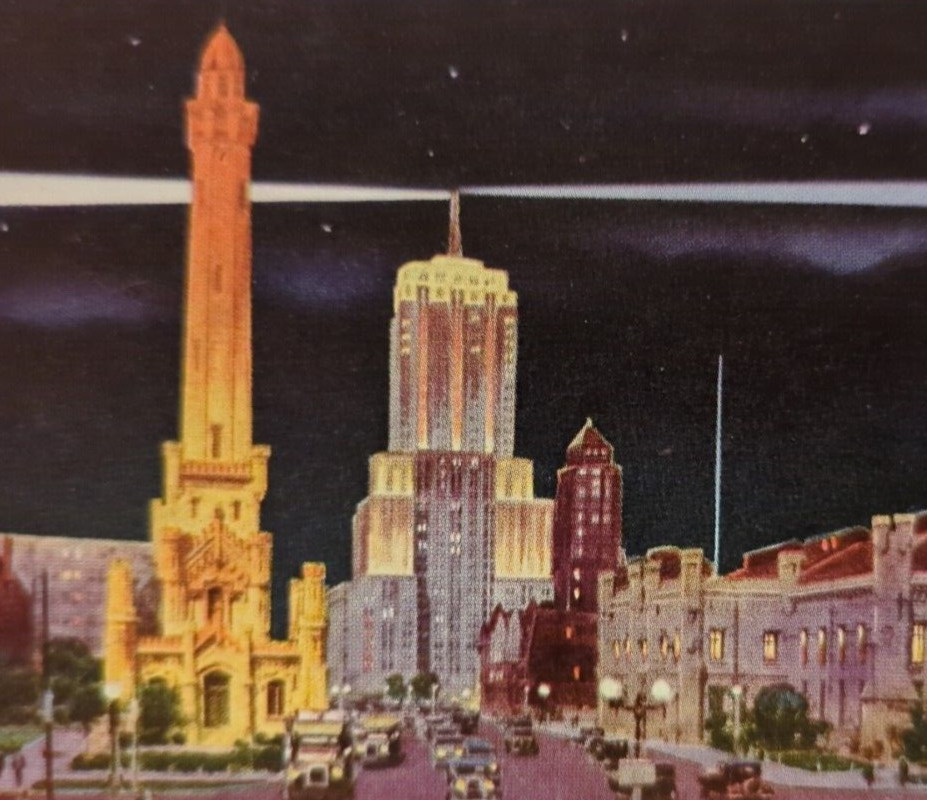 Chicago IL Illinois Old Water Tower & Palmolive Building Night View VTG Postcard