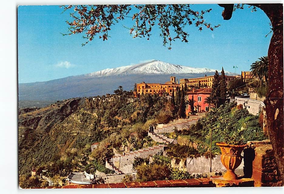 Postcard Panoramic view with St. Domenico and Etna Taormina Italy