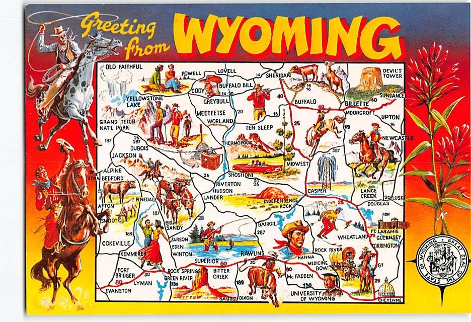 Postcard Pictorial Map Greetings from Wyoming USA