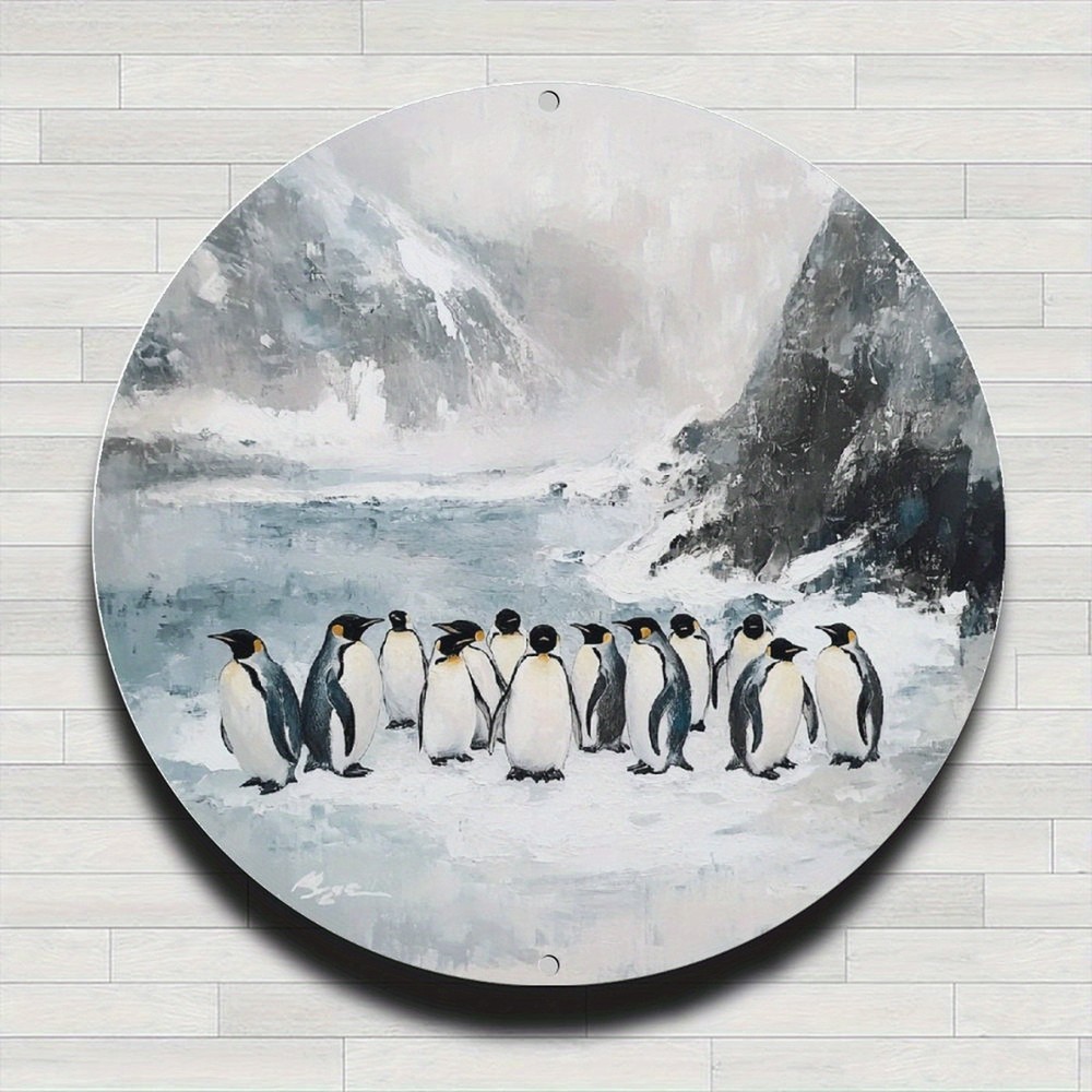 Vintage Penguin Antarctic Landscape Round Aluminum Wall Art Winter Scene