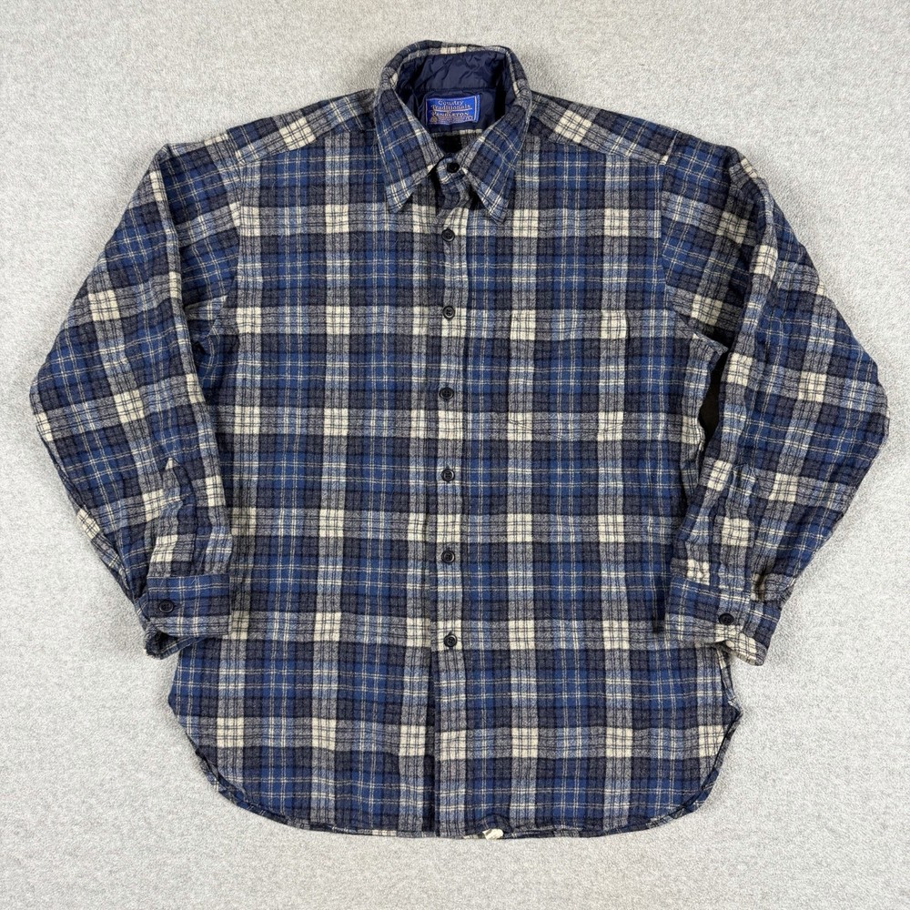 Vintage 90s Pendleton Blue Plaid Wool Button Up Shirt Men's Size Large Made USA